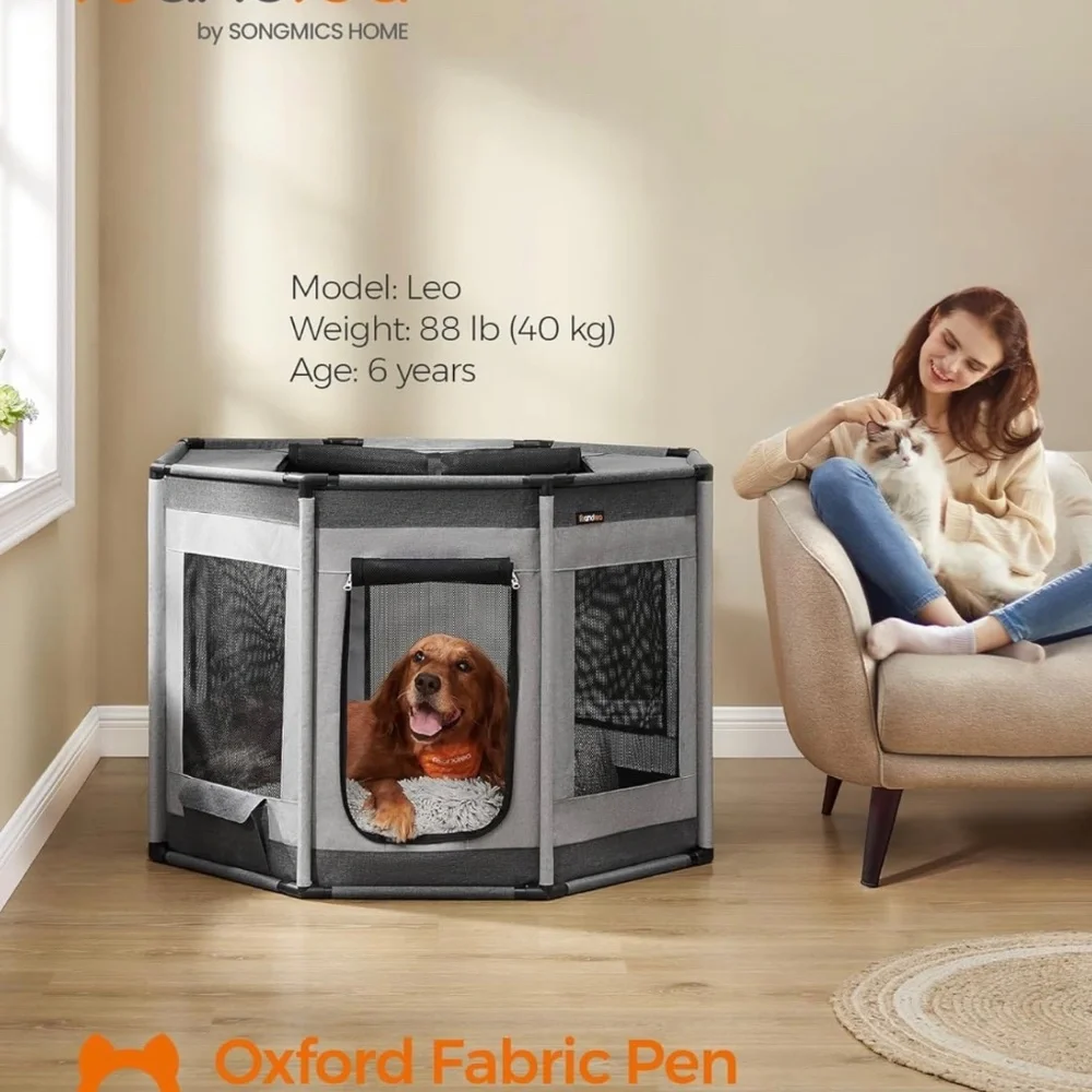 Feandrea Dog Playpen Oxford Fabric Dog Fence, Octagon Dog Crate, XL, 44.1 x 44.1